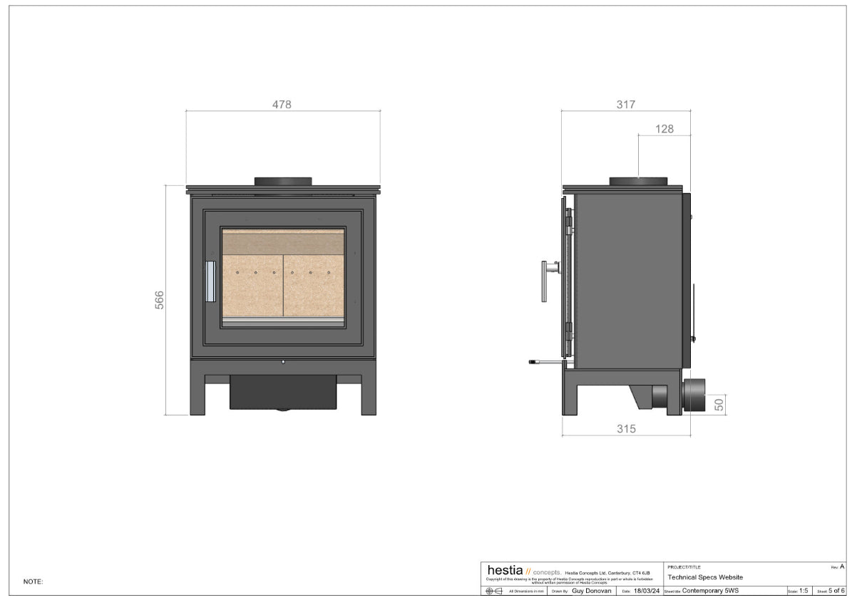 Technical Drawing of Contemporary 5WS wood burning stove by Hestia Concepts