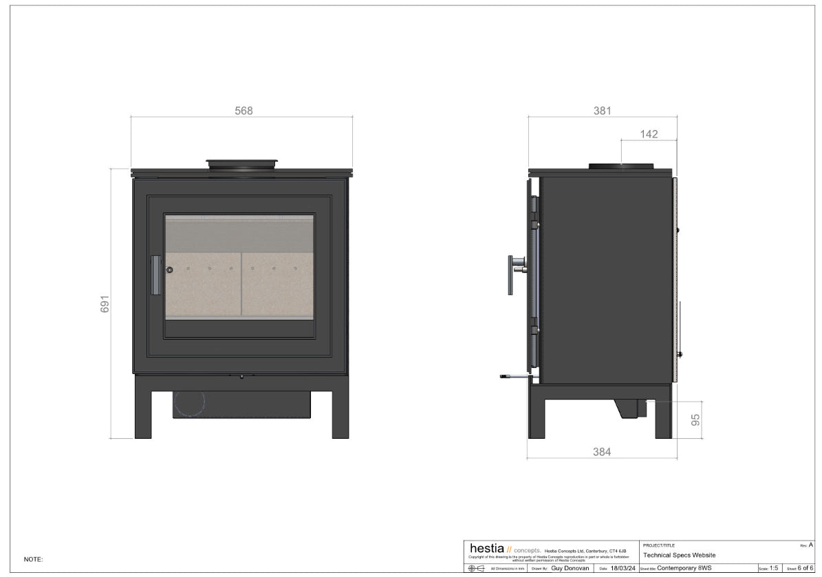 Technical Drawing of Contemporary 8WS wood burning stove by Hestia Concepts