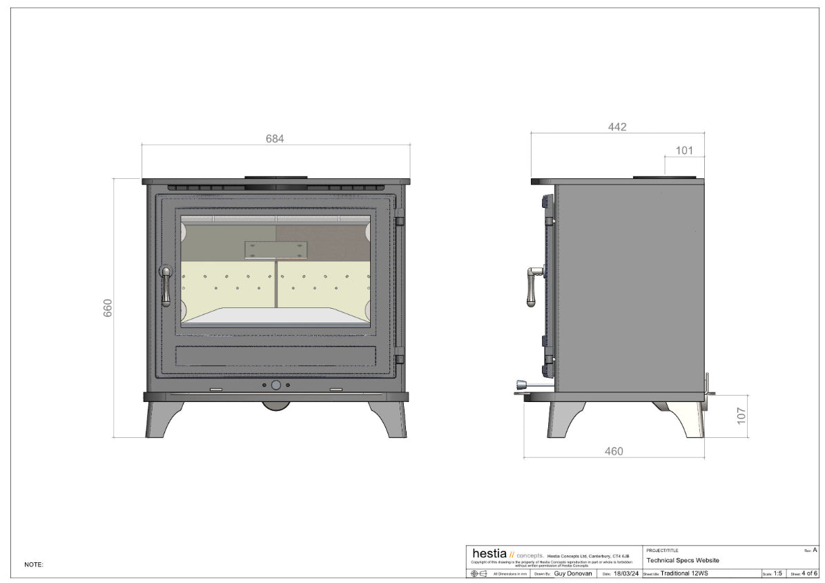 Technical Drawing of Traditional 12WS wood-burning stove by Hestia Concepts