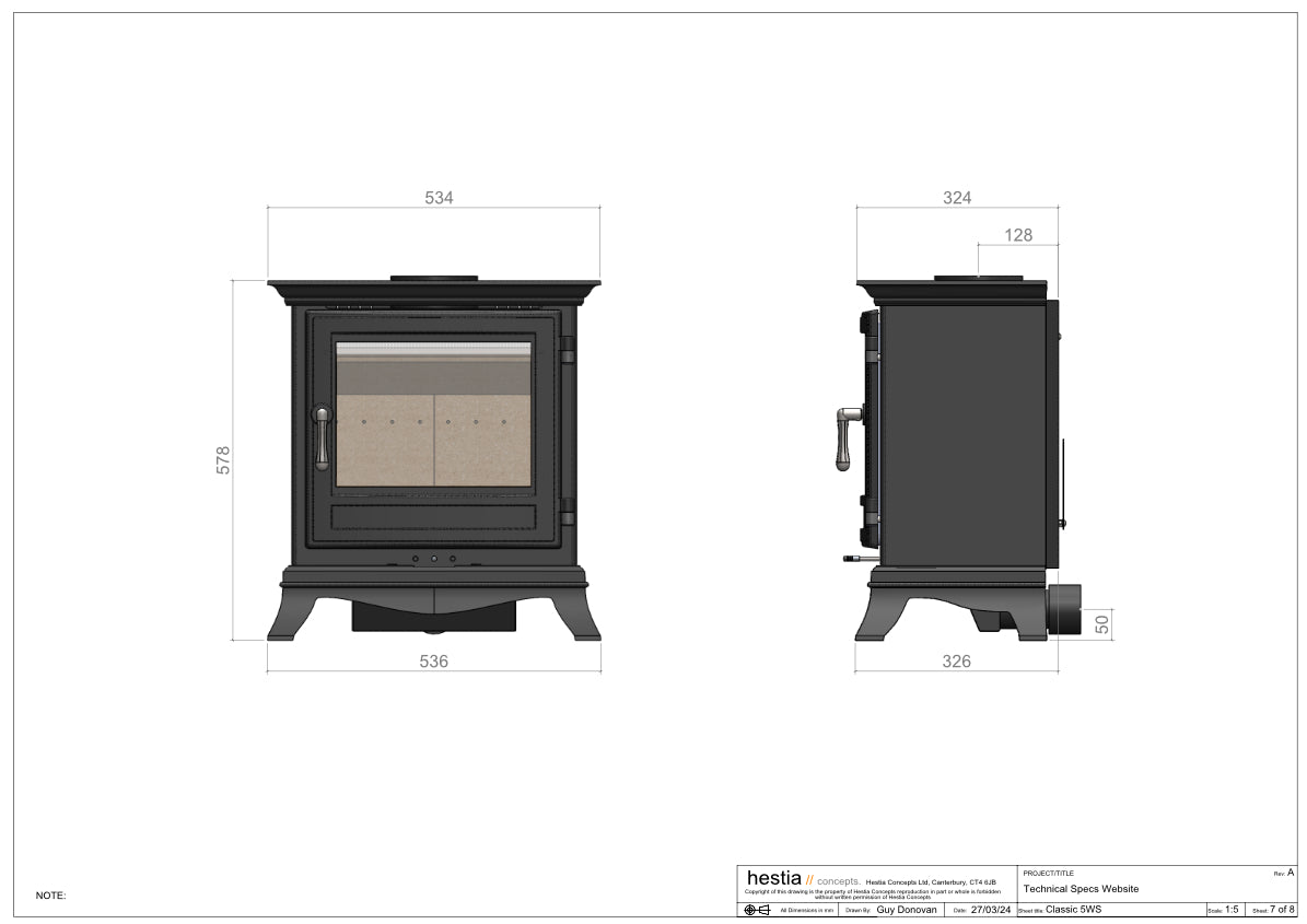 Technical Drawing of Classic  5WS wood burning stove by Hestia Concepts