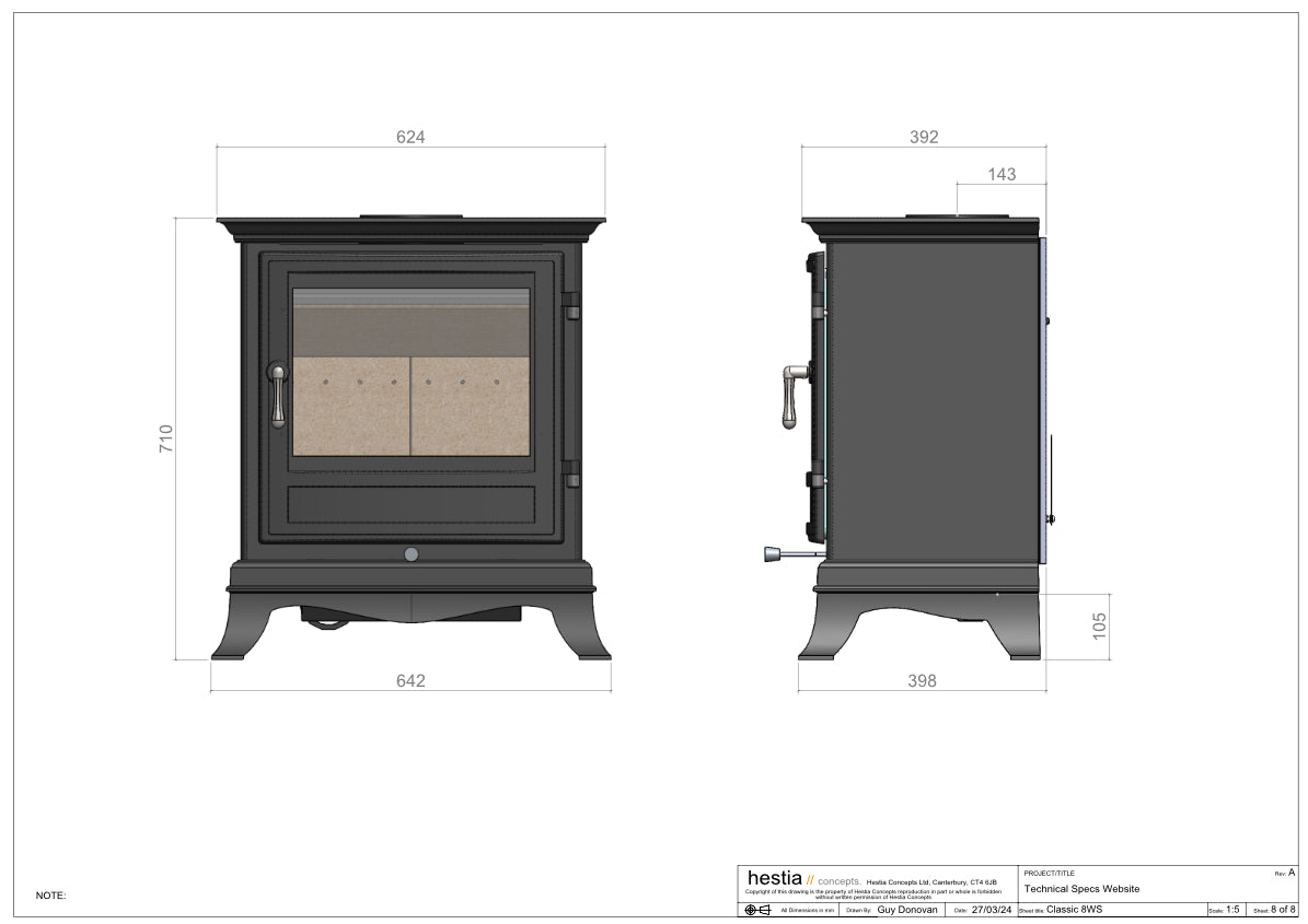 Technical Drawing of Classic  8WS wood burning stove by Hestia Concepts