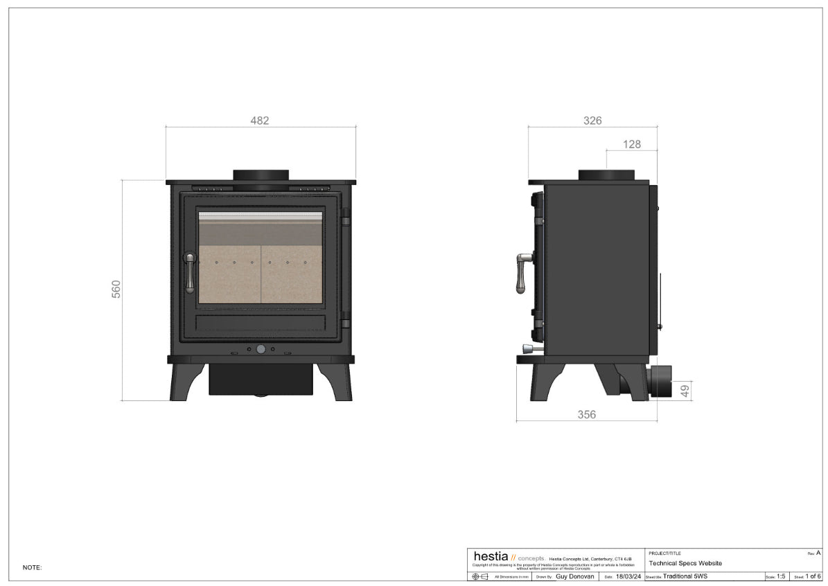 Traditional 5WS wood-burning stove technical drawing by Hestia Concepts