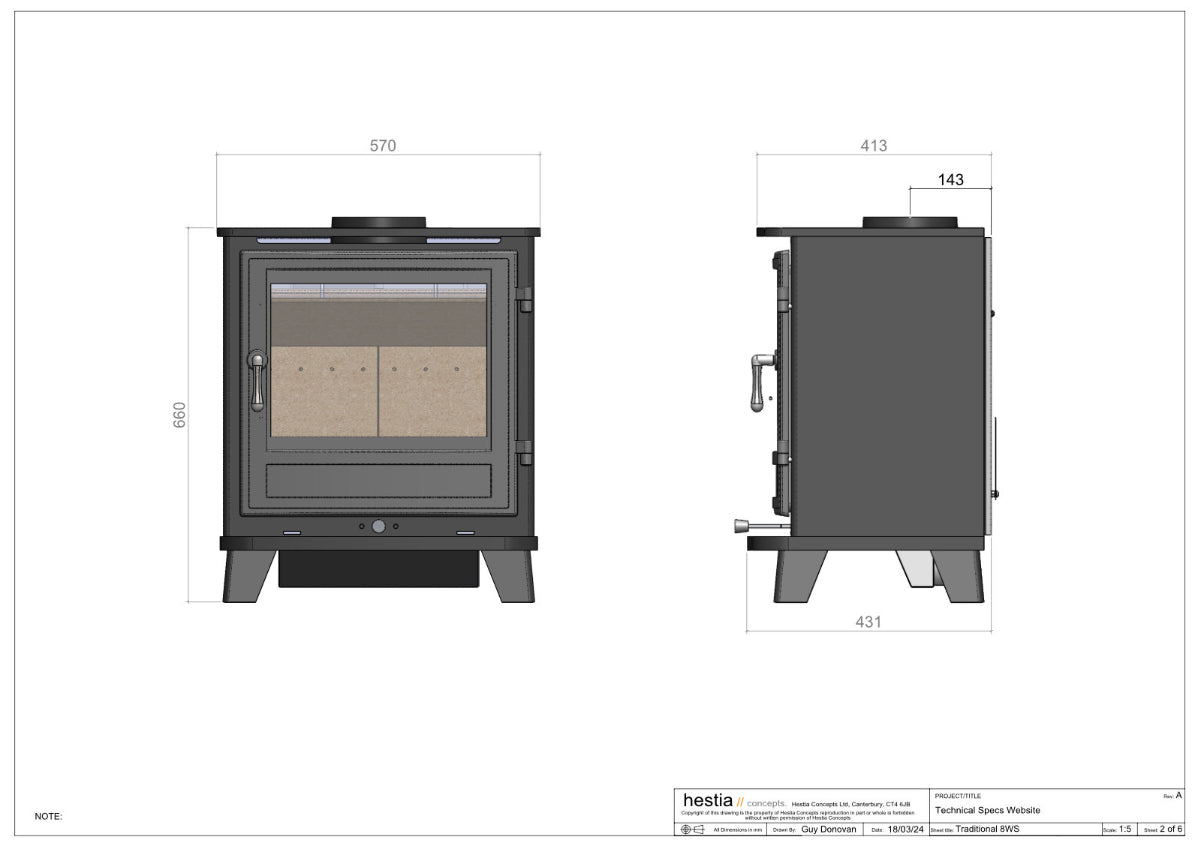 Traditional 8WS wood-burning stove technical drawing by Hestia Concepts