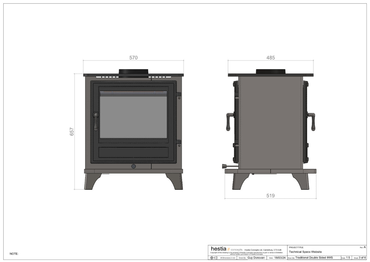 Traditional double-sided 8WS wood-burning stove technical drawing by Hestia Concepts